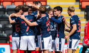 Ross County players celebrate with Akil Wright after he scores to make it 2-0 during a William Hill Championship match between Airdrieonians and Ross County at the Albert Bartlett Stadium, Airdrie, on August 0, 2025.