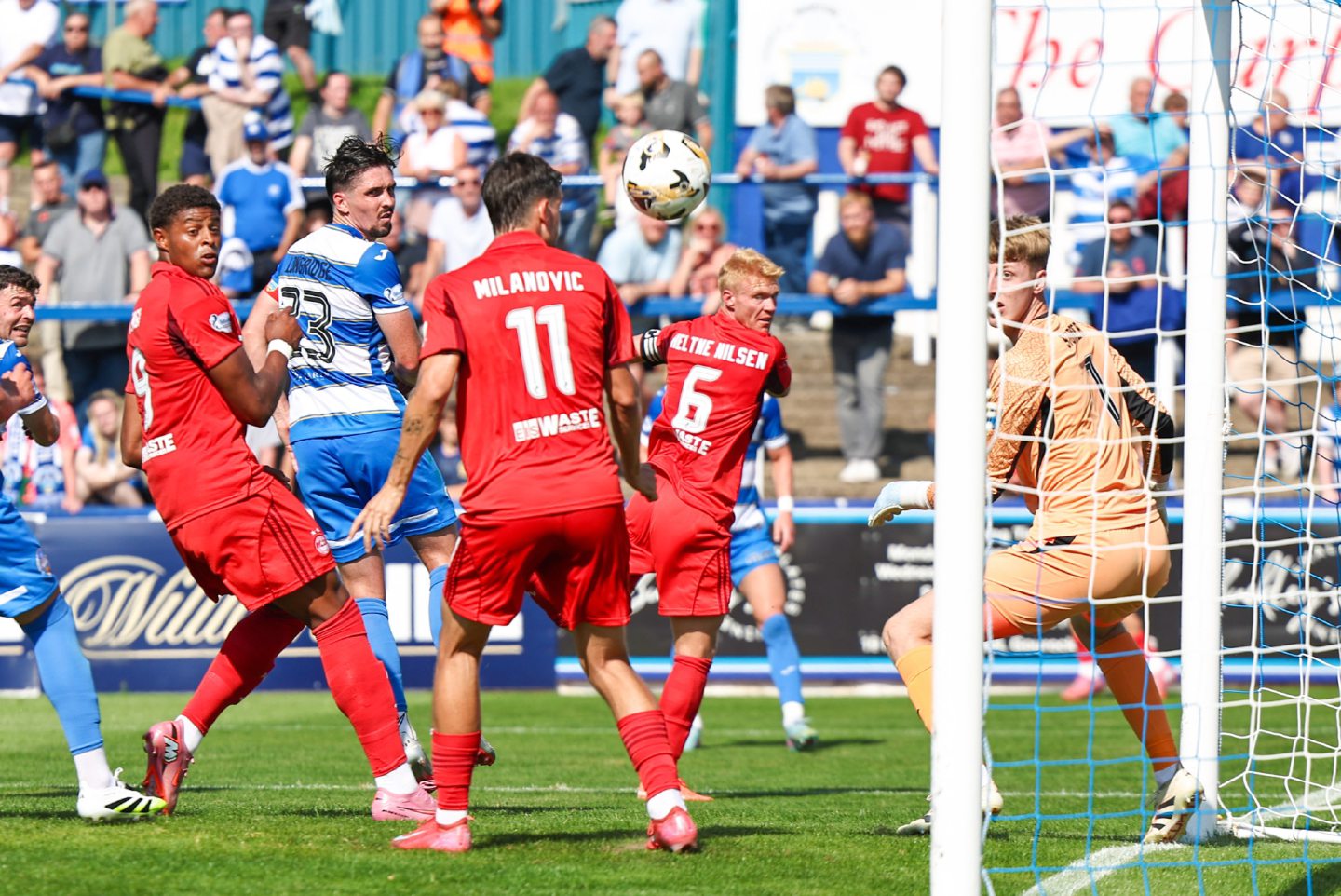 Aberdeen's Sivert Heltne Nilsen scores to make it 1-0 during a Premier Sports Cup Second Round match against Greenock Morton. Image: SNS