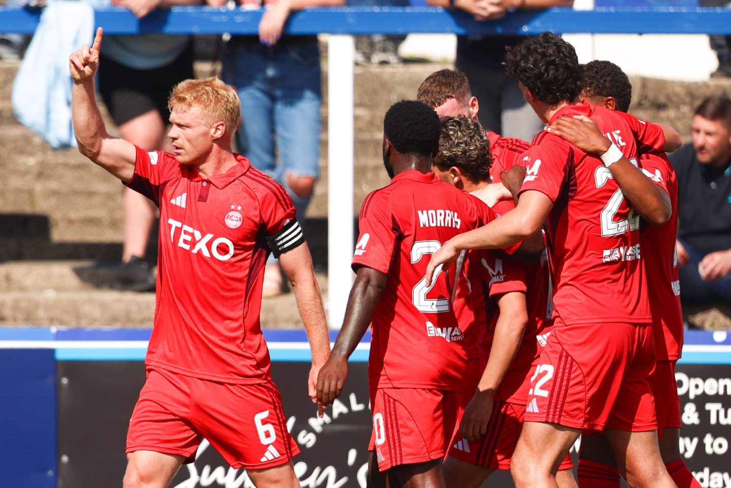 Aberdeen's Sivert Heltne Nilsen celebrates after scoring to make it 1-0 during a Premier Sports Cup match between Greenock Morton and Aberdeen at Cappielow Park on August 16.