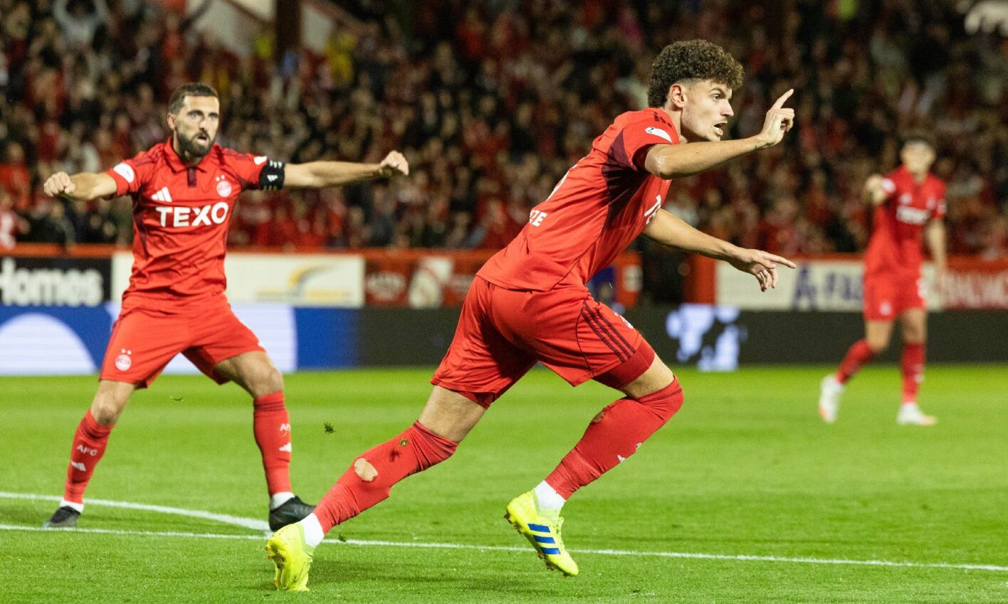 Aberdeen's Dante Polvara celebrates as he scores to make it 2-1 against FCSB in the Europa League play-off first leg.