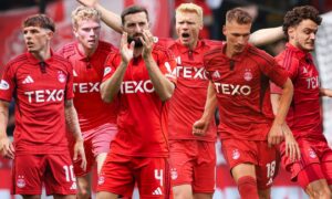 Aberdeen midfielders, left to right, Leighton Clarkson, Kjartan Mar Kjartansson, Graeme Shinnie, Sivert Heltne Nilsen, Ante Palaversa and Dante Polvara.