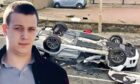 Aaran Paterson and the scene of the crash in Macduff. Image: DC  Thomson