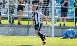 Logan Watt celebrates scoring Fraserburgh's second goal against Brora Rangers. Photos by Jasperimage.
