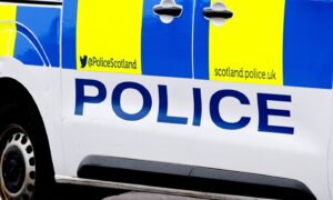 Side of police van with blue and yellow stripes.