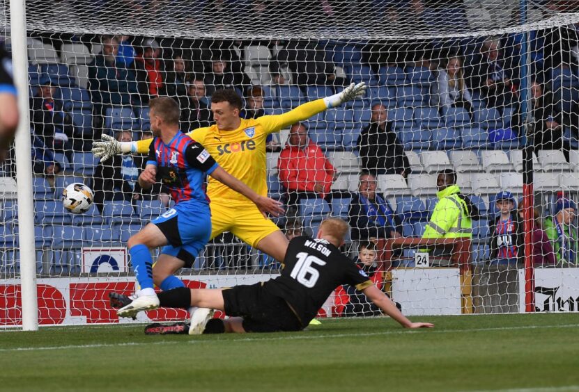 Inverness Caledonian Thistle's David Wotherspoon scores at the near post against Peterhead in the SPFL League One match at the Caledonian Stadium, Inverness, on August 9, 2025. 