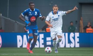 Raddy Ovouka (L) of FC Drita and Jordan Larsson (R) of F.C. Copenhagen in action during the UEFA Champions League 2025/26 Second Qualifying Round match at Parken Stadium in Copenhagen. Image: Shutterstock.