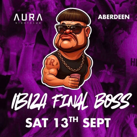 Poster for the Aura event with an image of Ibiza Final Boss.