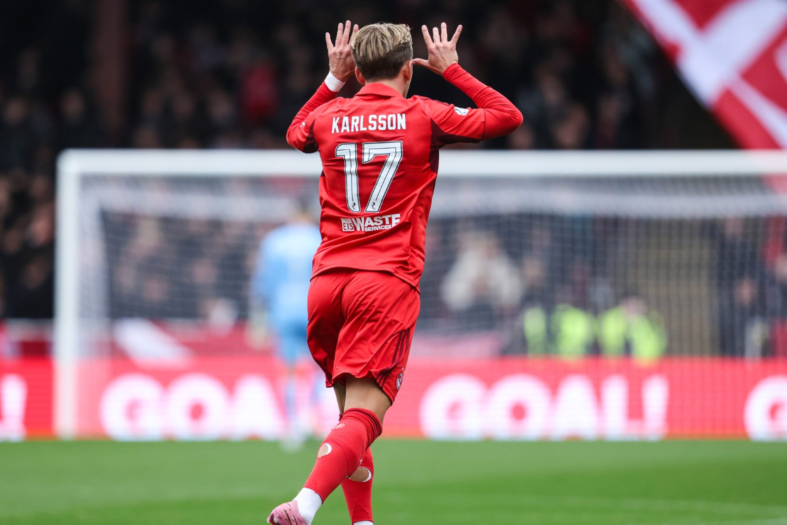 Aberdeen's Jesper Karlsson celebrates after scoring to make it 1-0 against Dundee.