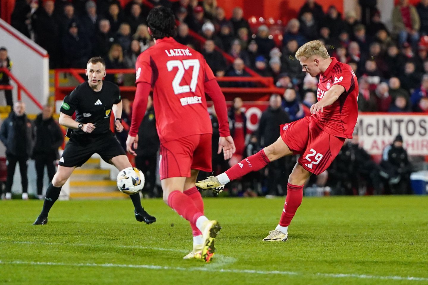 Kjartan Mar Kjartansson of Aberdeen in action against Dundee. 