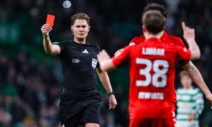 Aberdeen boss Jimmy Thelin reacts to defender Dylan Lobban’s red card in loss at Celtic