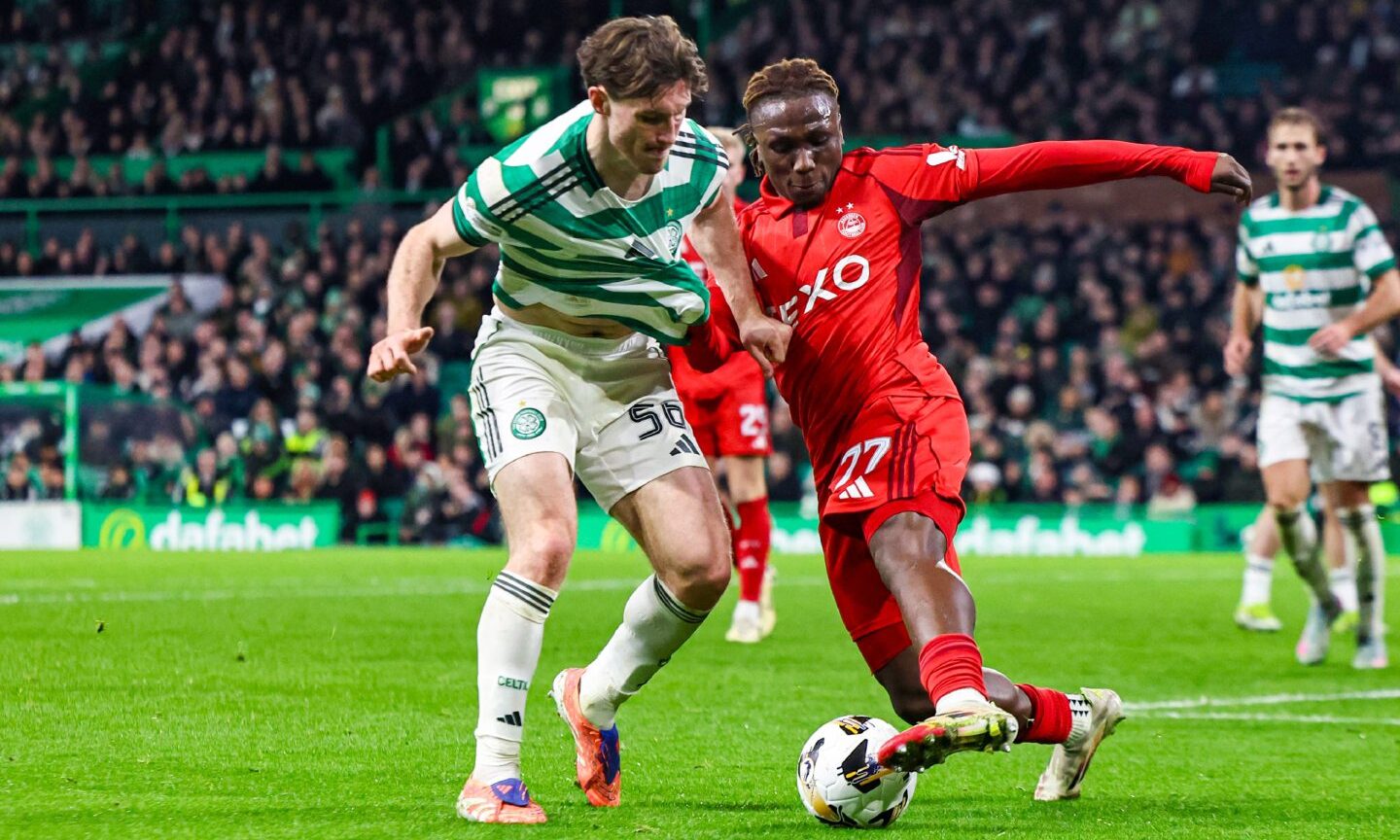 Emmanuel Gyamfi made his return to league duty with Aberdeen at Celtic. Image: SNS.