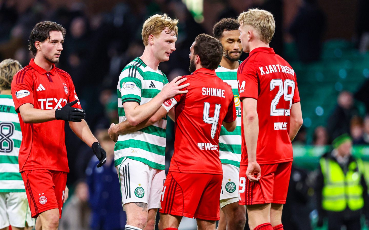 Celtic's Liam Scales (C) and Aberdeen's (L-R) Kenan Bilalovic, Graeme Shinnie and Kjartan Mar Kjartansson at full-time. Image: SNS.