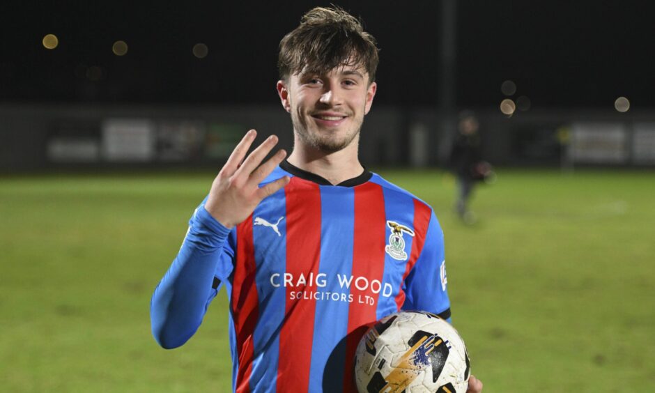 Inverness Caledonian Thistle striker Alfie Bavidge, who is on loan from Aberdeen, pictured with the match ball after scoring four goals in a club record scoreline, a 9-0 win against Dumbarton in the Challenge Cup at the Marbill Coaches Stadium, Dumbarton, on December 16, 2025.