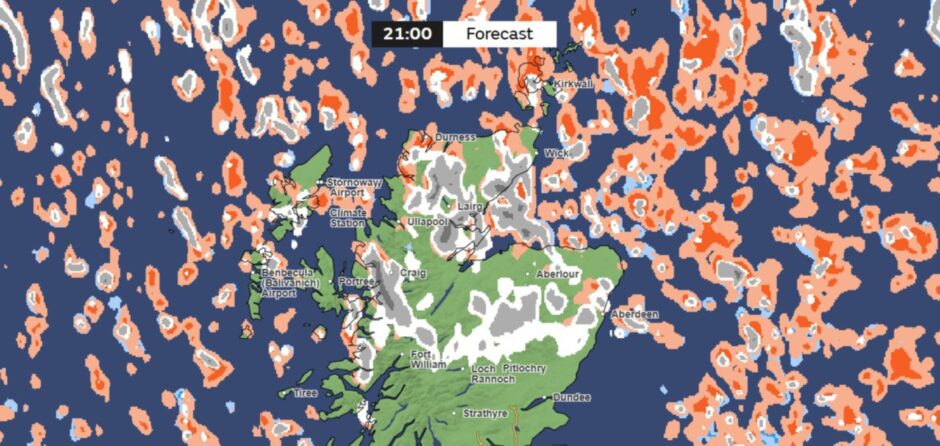 a map of the north of Scotland with orange and white/grey blobs showing predicted snowfall