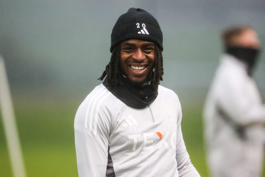 Toyosi Olusanya during an Aberdeen training session at Cormack Park.