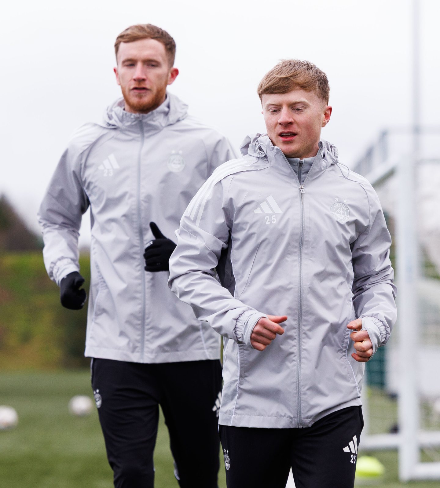 Aberdeen's January signings Lyall Cameron (R) and Liam Morrison during a training session at Cormack Park.