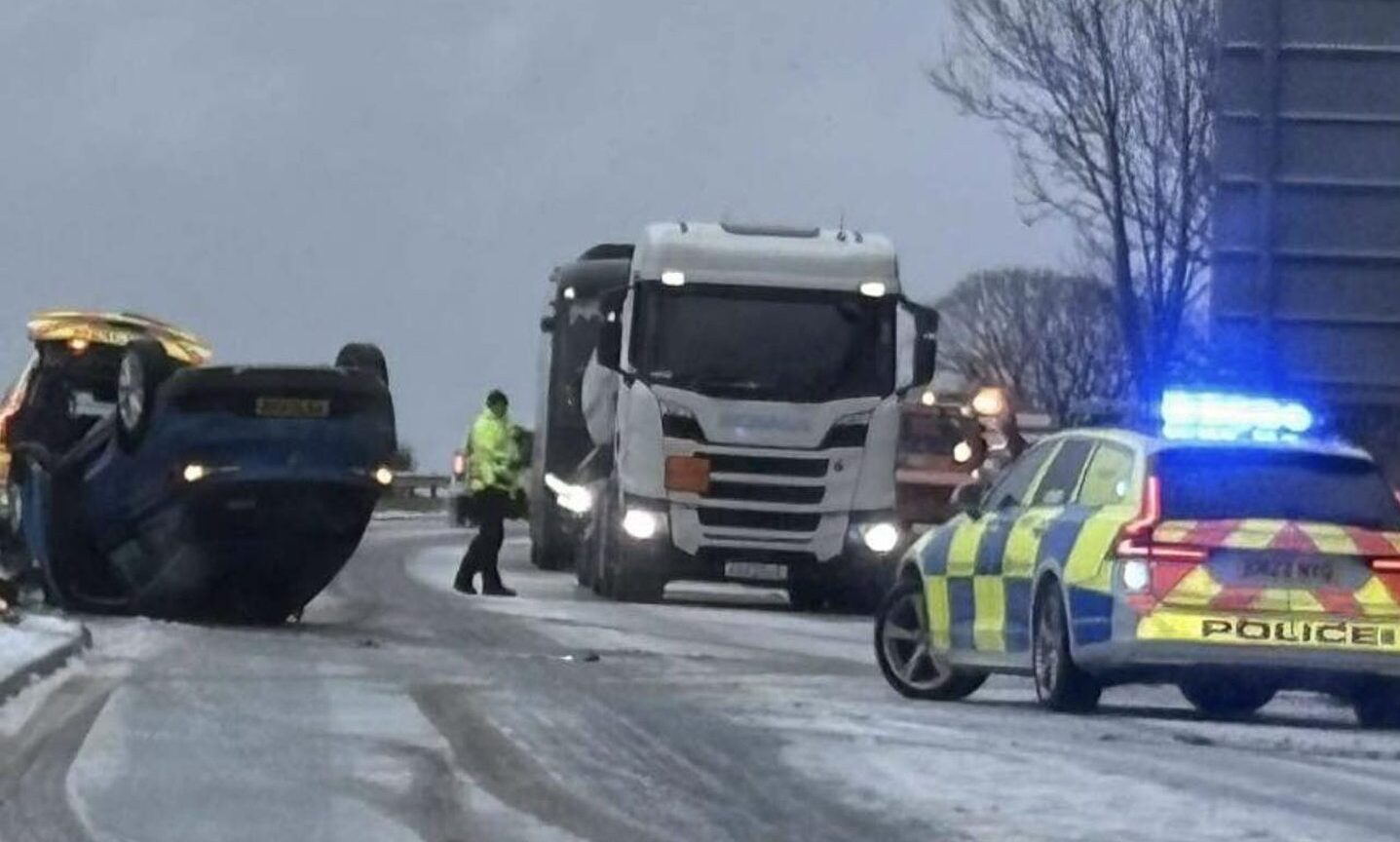 Car flips onto roof in snowy A96 crash near Huntly