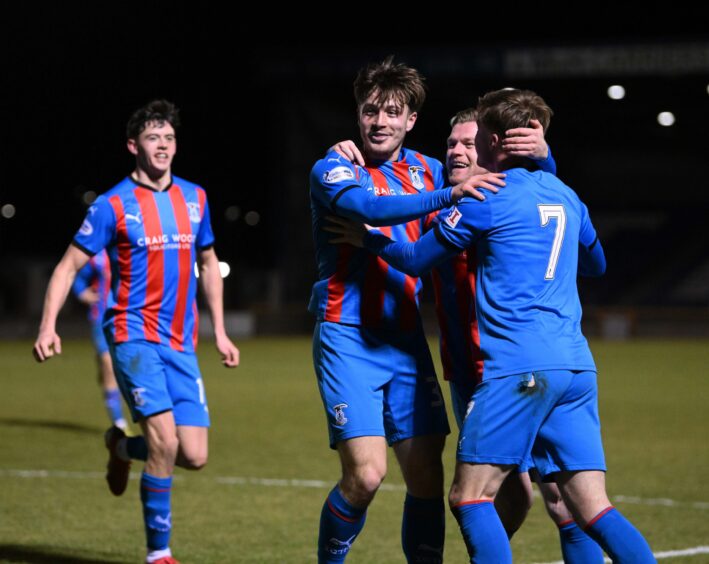 Alfie Bavidge (Inverness) celebrates after scoring during the KDM Evolution Trophy quarter final between Inverness and Stenhousemuir at the Sarens PSG Stadium. Image: Dave Johnston.