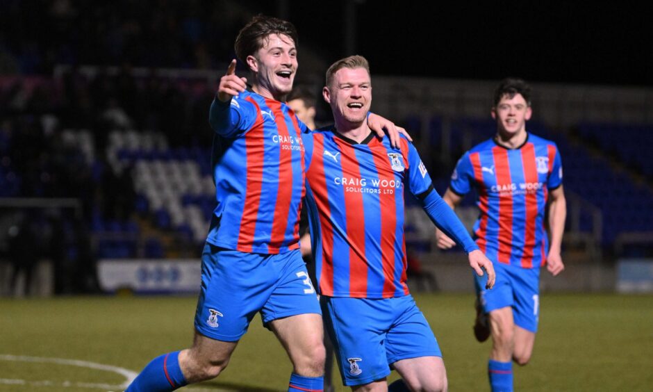 Alfie Bavidge, left, and Billy Mckay celebrate the winning moment against Stenhousemuir.