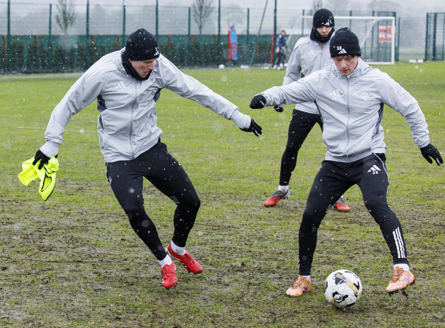 Gavin Molloy (L) and Dylan Lobban during an Aberdeen training session at Cormack Park.