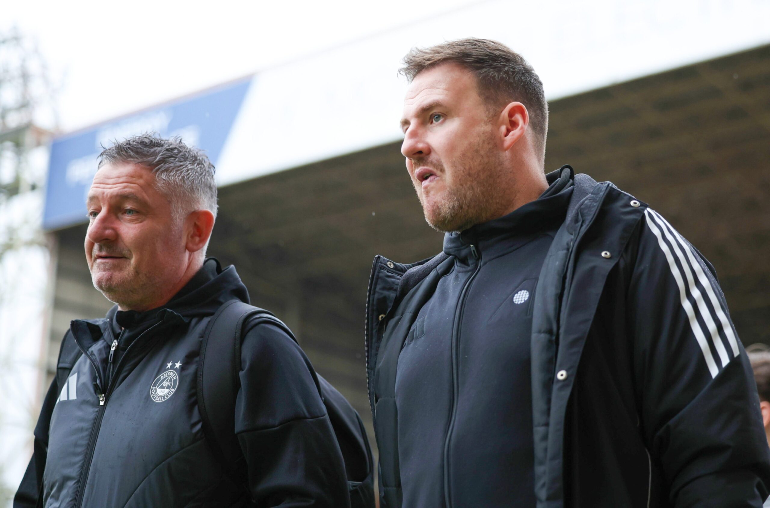 Aberdeen Interim Manager Peter Leven (R) and his assistant Tony Docherty during the Premiership match at Motherwell.
