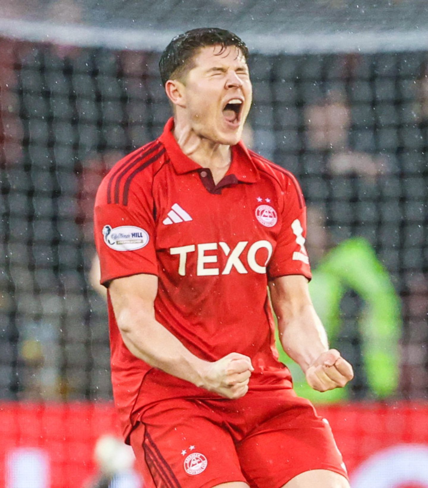 Aberdeen's Kevin Nisbet celebrates after scoring to make it 2-2 against Dundee. Image: SNS