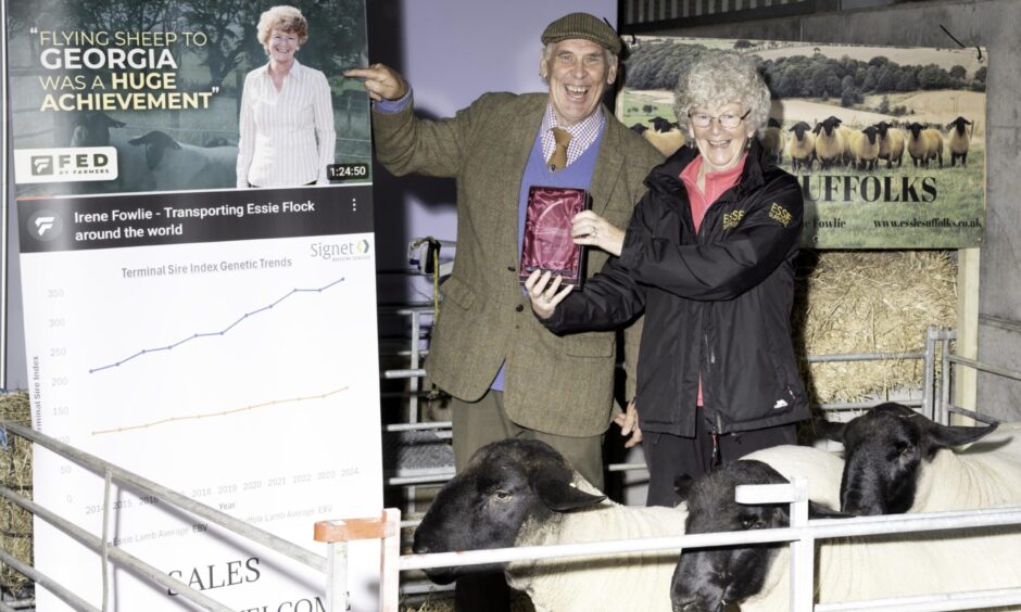 Helen and Jim Fowlie with the trophy they won for best stand at last year's NSA Highland Sheep event at Ardgay, near Tain.
