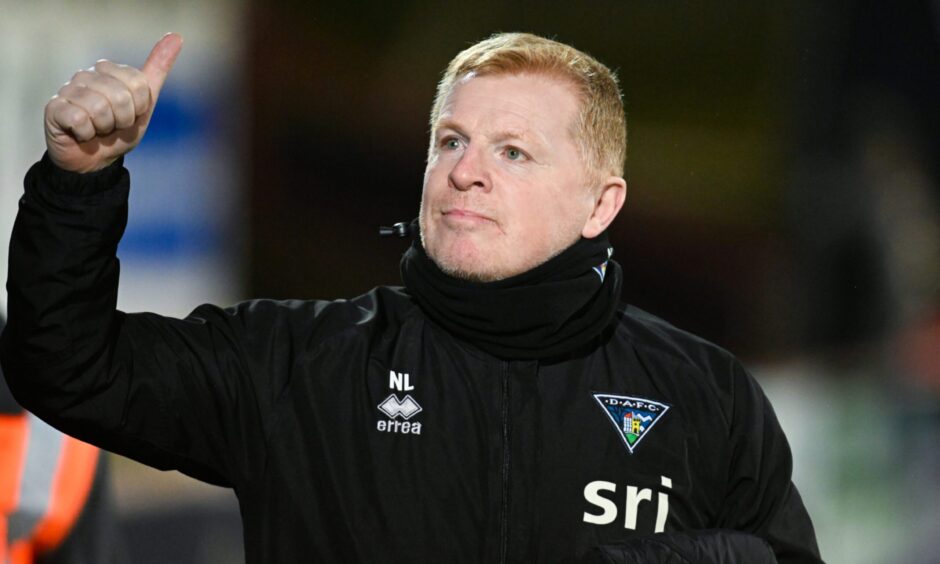 Dunfermline Athletic manager Neil Lennon gives the thumbs-up sign to fans during an SPFL Championship match between Dunfermline Athletic and Partick Thistle at KDM Group East End Park, Dunfermline, on February 24, 2026.