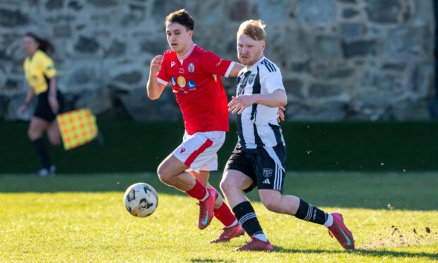 Logan Watt of Fraserburgh, right, tries to get past Brechin's Spencer Moreland. Photos by Jasperimage.