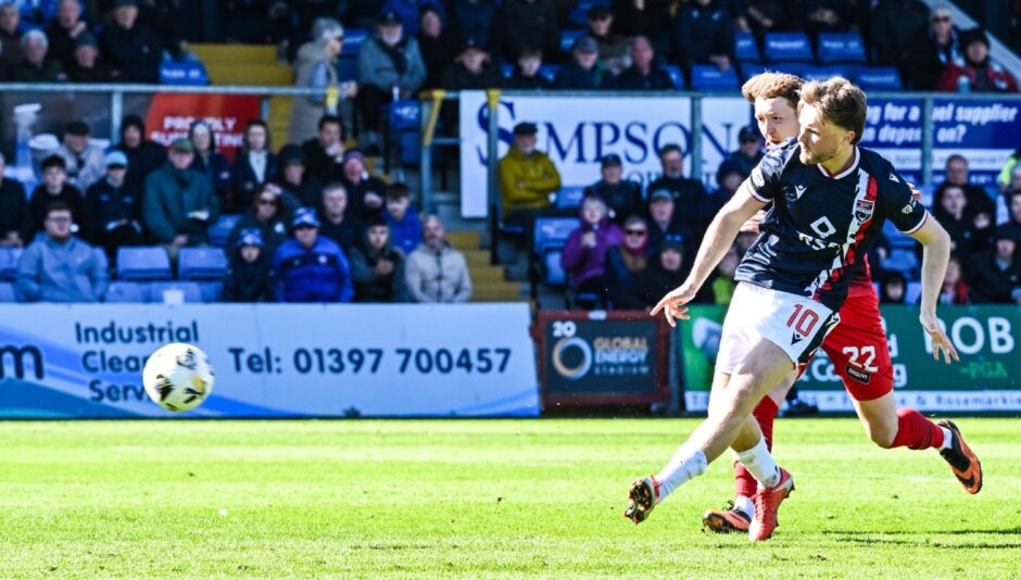 Ross County midfielder Noah Chilvers scores in his team's 4-0 SPFL Championship win against Morton at the Global Energy Stadium, Dingwall, on April 25, 2026. 