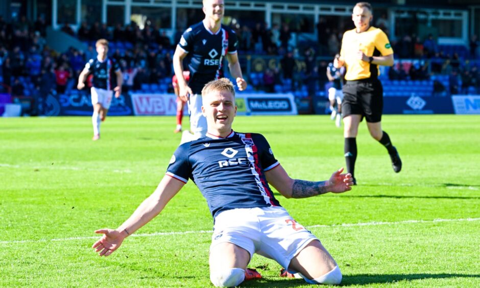 Ross County's Ryan Duncan celebrates after scoring to make it 4-0 during an SPFL Championship match between Ross County and Greenock Morton at The Global Energy Stadium, Dingwall, on April 25, 2026.