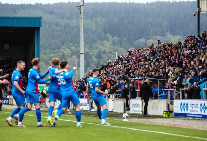 Inverness Caledonian Thistle's Danny Devine (No 6) celebrates his goal with fans in the SPFL League One match against Hamilton Academical at the Sarens PSG Stadium, Inverness, on May 2, 2026. 