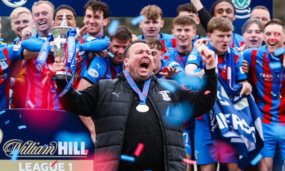 Inverness Caledonian Thistle manager Scott Kellacher leads the celebrations with his players after winning the SPFL League One title with a 2-1 victory over Hamilton Academical on May 2, 2026 at the Sarens PSG Stadium, Inverness,