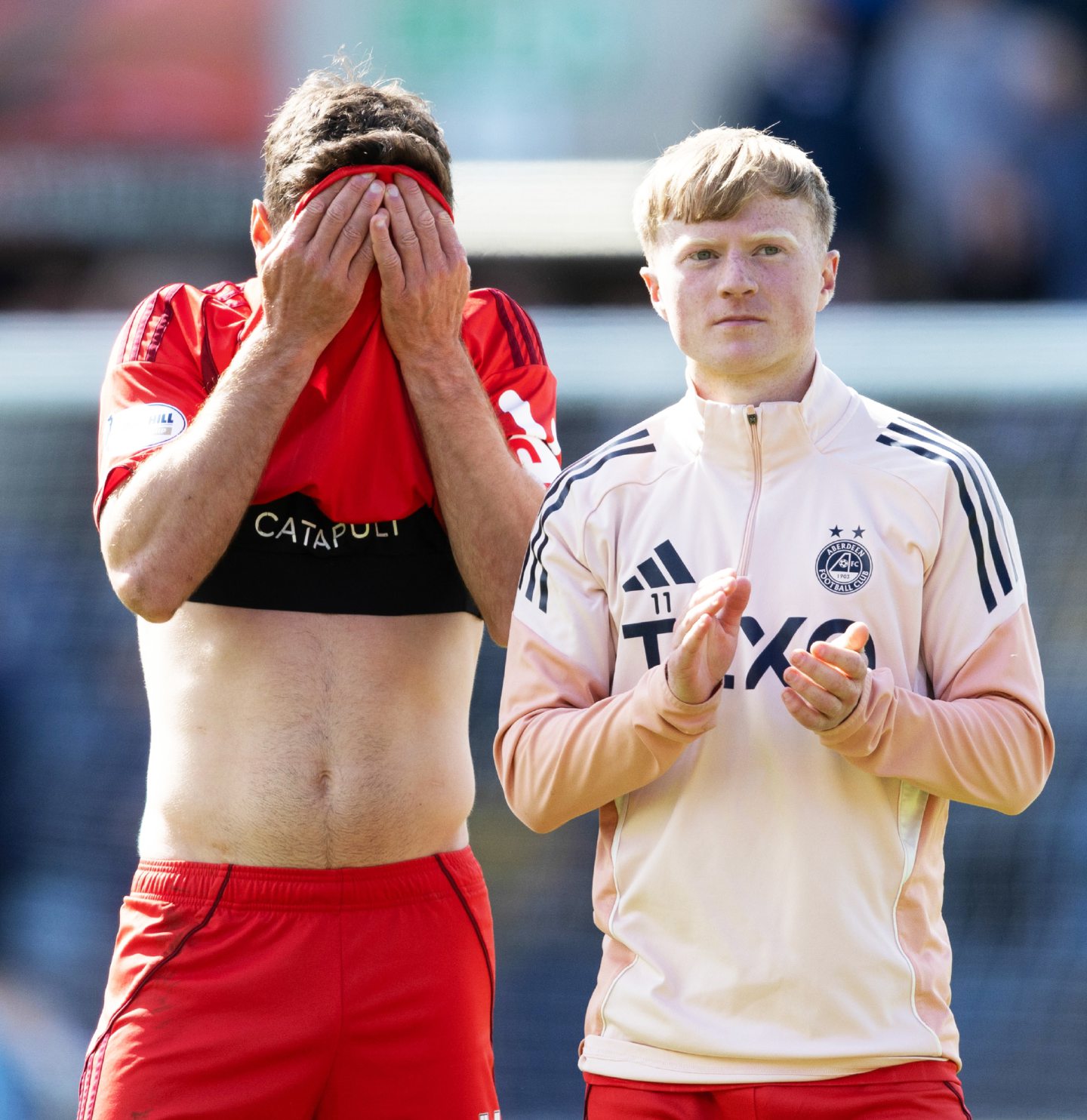Aberdeen's Graeme Shinnie and Lyall Cameron at full-time after the 3-2 loss at Dundee.