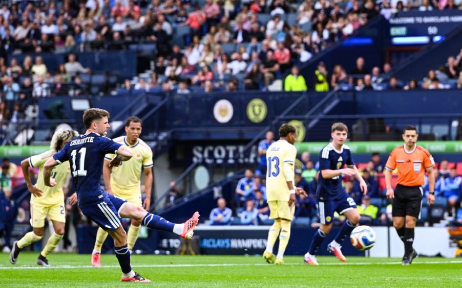  Scotland's Ryan Christie scores a penalty to make it 4-1 during an International friendly match between Scotland and Curacao at Barclays Hampden Park, Glasgow, on May 30, 2026.