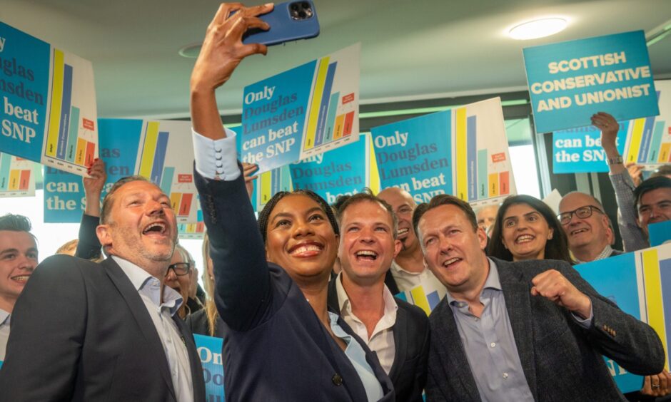 Tory leader Kemi Badenoch giving a speech to party supports ahead of the Aberdeen SOuth by-election.