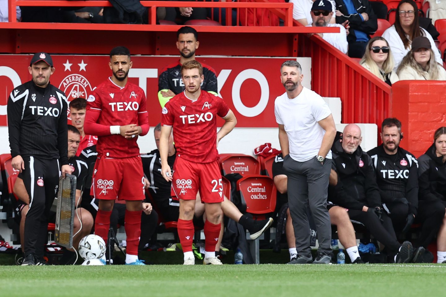 Stephen Robinson, right, sends on summer signings Ayoub Mouloua, left, and Connor Ronan against Kelty Hearts. Image: Shutterstock.