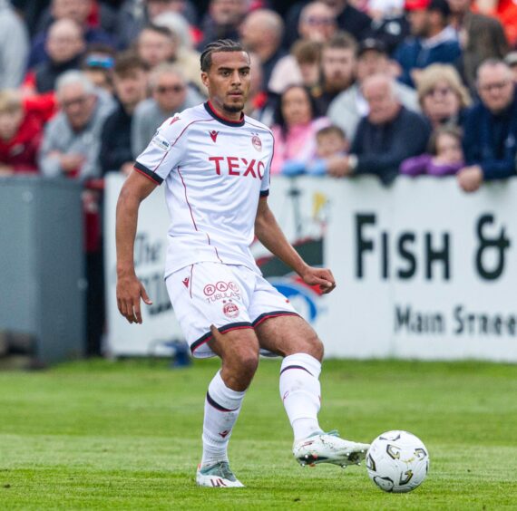 Aberdeen's Nesta Guinness-Walker in action during a Premier Sports Cup group stage match between Brora Rangers and Aberdeen at Dudgeon Park, on July 14, 2026, in Brora, Scotland. Image: SNS.