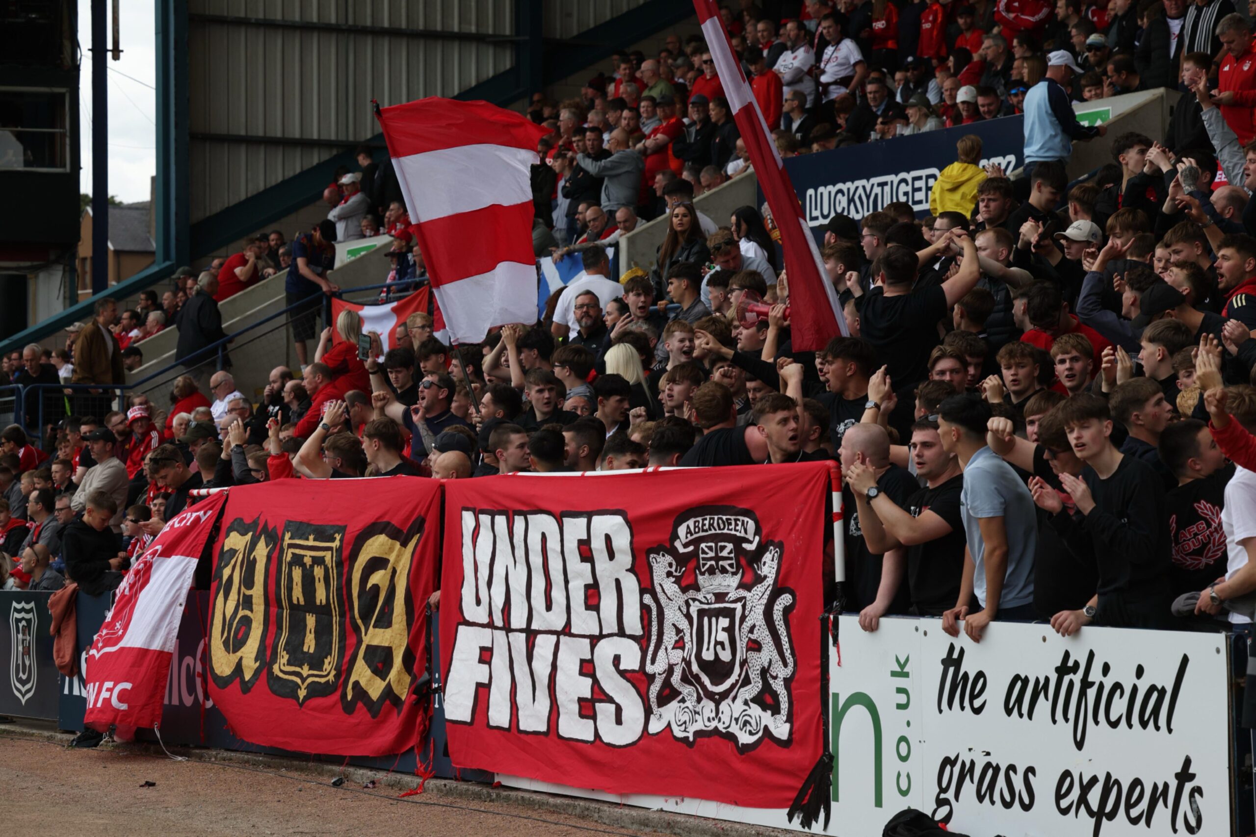 Aberdeen supporters during the 2-0 loss to Dundee at Dens Park.