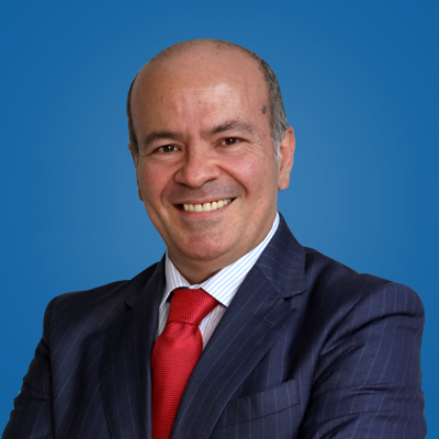 Man with red tie on a blue background