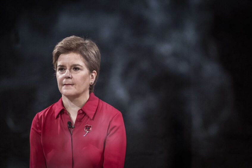 First Minister Nicola Sturgeon during a special ceremonial gathering to welcome the Mapuche leader and Minga Indigena indigenous delegates at the Tramway in Glasgow in a symbolic gesture to mark a unified demand for climate justice. Picture date: Saturday October 30, 2021.  Jane Barlow/PA Wire