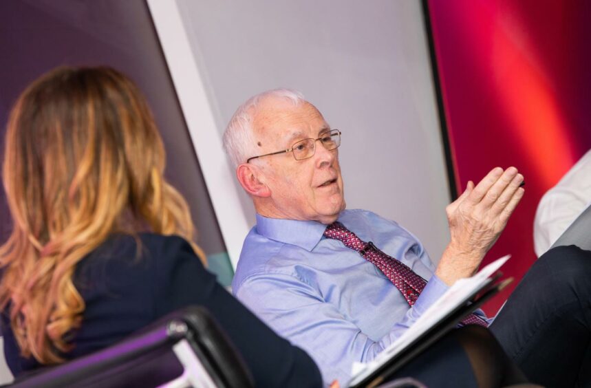 Sir Ian Wood speaks on stage in the first of a series of ?Transforming Our Region? events hosted by Opportunity North East attended by more than 50 business leaders and chaired by Kirsten Gove, head of communications for the Global Underwater Hub. Supplied by Opportunity North East Date; 16/11/2021