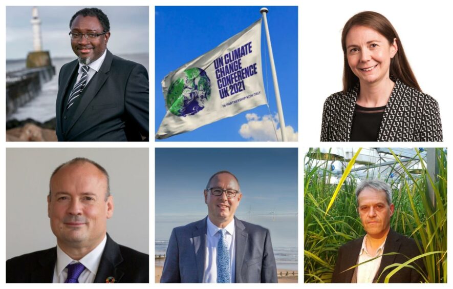 Clockwise from top left: Ollie Folayan, AFBE-UK Scotland, Claire Wallis, CMS,  Adam Price, Aberdeen Climate Action, Paul de Leeuw, RGU, Dan Carter, Wood.