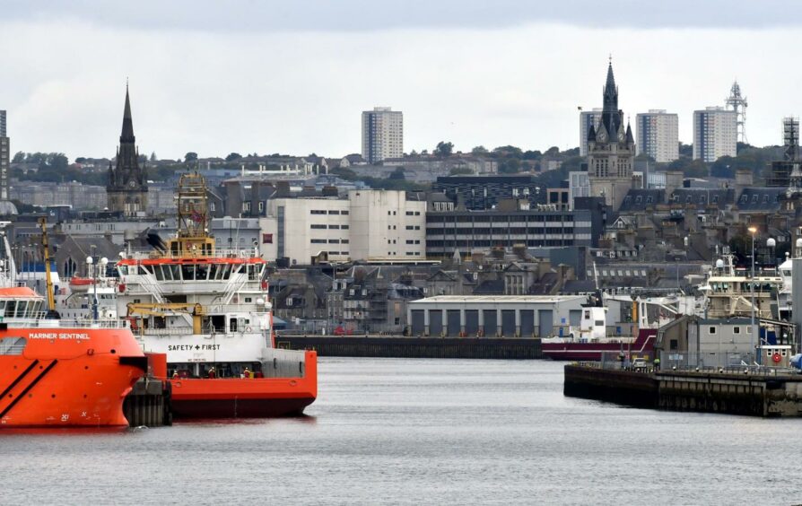 Aberdeen harbour with the city behind.