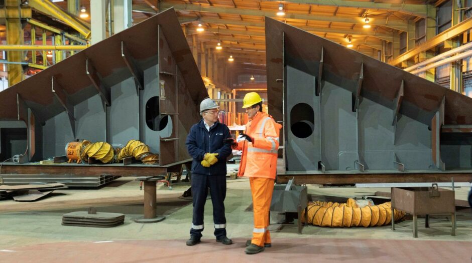 l-r Ferguson Marine turnaround director Tim Hair and Felipe Arbelaez, senior vice-president, zero-carbon energy, BP, at Ferguson Marine in Port Glasgow.