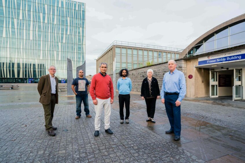 Frisco e-bike project team. (L-R) Mike Stone, Stone Energy Engineering,  Engineering Lead; Dr Sumeet Aphale  University of Aberdeen, Reader; Dr Ali Far, University of Aberdeen Lecturer; Dr Amer Syed University of Aberdeen, Lecturer; Janet Hoskins, Frisco e-Bikes and Solar Docks Director and Co-Founder; Ken Hoskins Frisco e-Bikes and Solar Docks  Projects Director and Co-Founder.  Supplied by Frisco e-Bikes and Solar Docks