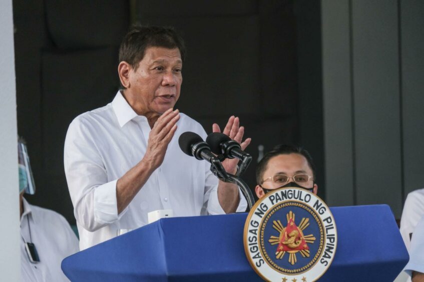 Rodrigo Duterte, the Philippines' president, addresses officials during a vaccine arrival ceremony at Vilamor Airbase in Pasay City, Manila, the Philippines, on Sunday, Feb. 28, 2021. Villafranca/Bloomberg