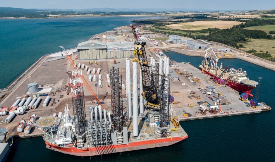 The Port of Nigg, which will be the base for Moray West, with earlier Siemens Gamesa pre-assembly activity. Supplied by Global Energy Group