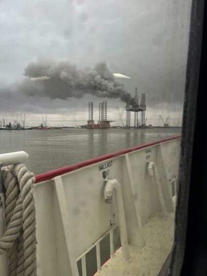 Nine crew members had to be rescued from the burning jack-up rig.