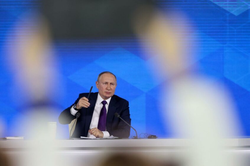 Vladimir Putin, Russia's President, delivers his annual news conference in Moscow, Russia, on Thursday, Dec. 23, 2021.  Photographer: Andrey Rudakov/Bloomberg